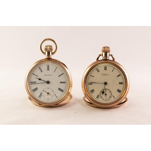 3 - WALTHAM 'TRAVELER' No 10326815 ROLLED GOLD OPEN FACED POCKET WATCH with keyless movement, white roma... 