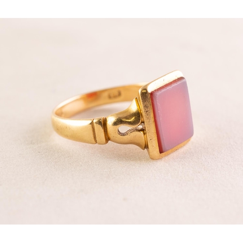 92 - GENT'S ANTIQUE 18ct GOLD SIGNET RING collet set with an oblong sardonyx, pierced lyre shaped shoulde... 