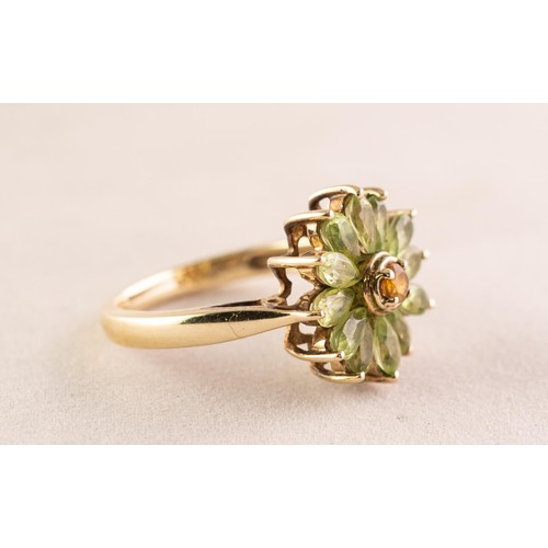 99 - 9ct GOLD CITRINE AND OLIVINE FLORAL CLUSTER RING, set with small circular centre citrine and surroun... 