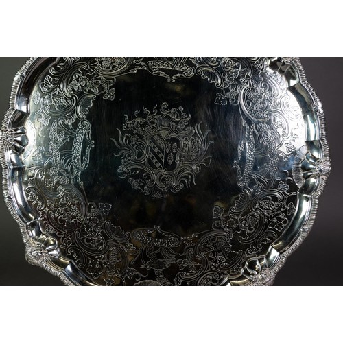 181 - IMPRESSIVE MID EIGHTEENTH CENTURY IRISH SILVER SALVER BY JOHN GUMLEY, DUBLIN, the centre chased with... 
