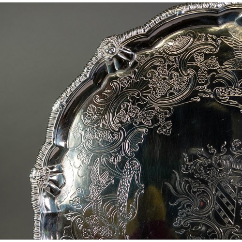 181 - IMPRESSIVE MID EIGHTEENTH CENTURY IRISH SILVER SALVER BY JOHN GUMLEY, DUBLIN, the centre chased with... 
