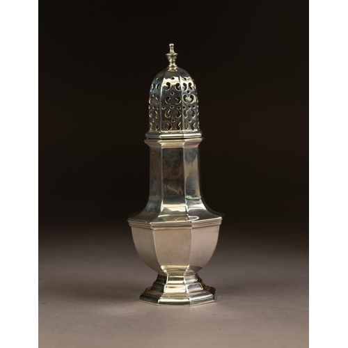 190 - GEORGE V SILVER PEDESTAL SUGAR CASTOR BY WALKER & HALL, of octagonal form with scroll pierced pu... 