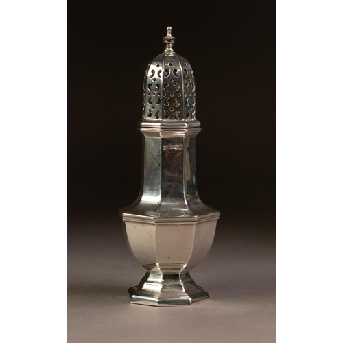 190 - GEORGE V SILVER PEDESTAL SUGAR CASTOR BY WALKER & HALL, of octagonal form with scroll pierced pu... 