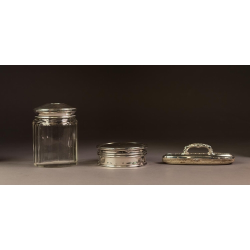 191 - THREE PIECES OF SILVER, comprising CIRCULAR TRINKET BOX, with domed, hinged cover, marks rubbed, ori... 