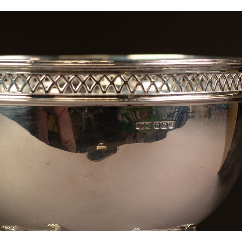 192 - GEORGE V RAISED SILVER BOWL BY JAMES DIXON & SON, of deep, steep sided form with slender lattice... 