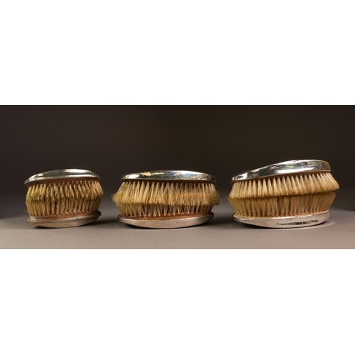 194 - TWO PAIRS OF ENGINE TURNED SILVER BACKED MILITARY HAIRBRUSHES, together with a CHILD’S PAIR, (6)