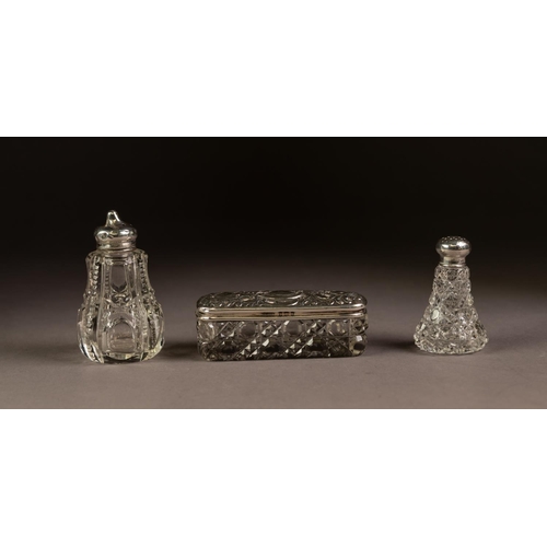 196 - THREE PIECES OF CUT GLASS WITH SILVER COVERS, comprising: OBLONG PIN BOX, with embossed cover, and T... 