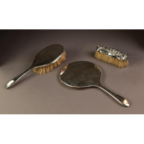 197 - ENGINE TURNED SILVER BACKED HAND MIRROR AND MATCHING HAIR BRUSH, together with a CLOTHES BRUSH WITH ... 