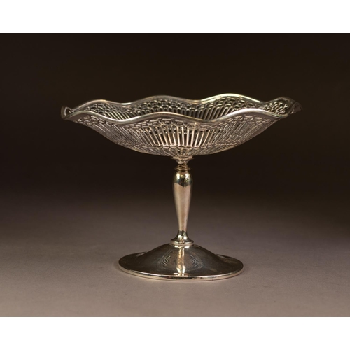 198 - EDWARD VII SILVER PEDESTAL BON BON DISH, of pierced, circular form with wavy border, set above a sle... 