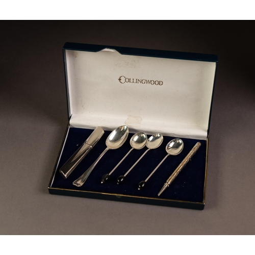 199 - SET OF THREE BLACK BEAN TOPPED SILVER COFFEE SPOONS, Birmingham 1924, together with a SILVER TEASPOO... 
