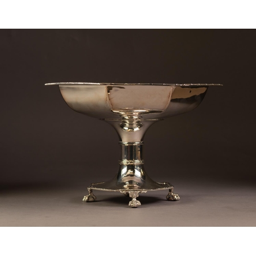 235 - ELECTROPLATED PEDESTAL TABLE CENTRE FRUIT BOWL, of octagonal form with slender borders, short, cylin... 