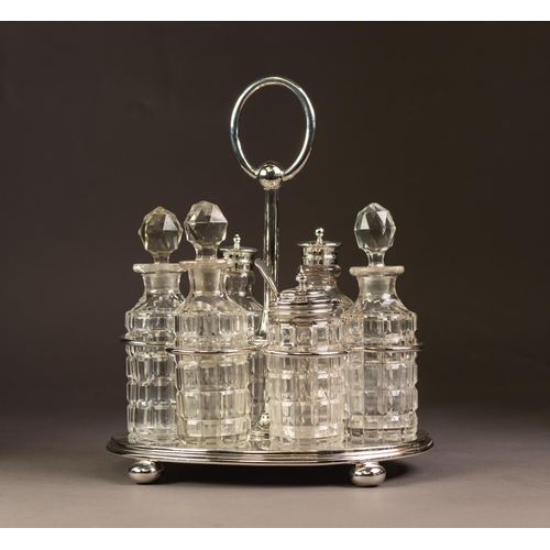 236 - ELECTROPLATED SIX BOTTLE CRUET STAND, of oval form with moulded border, compressed ball feet and loo... 