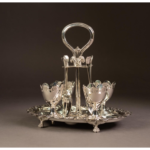 237 - ELECTROPLATED FOUR PERSON EGG CRUET, of oval form with pierced and scalloped border, paw feet and mo... 