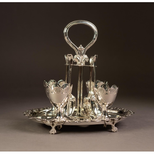 237 - ELECTROPLATED FOUR PERSON EGG CRUET, of oval form with pierced and scalloped border, paw feet and mo... 