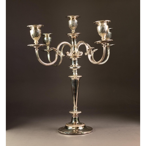 238 - ELECTROPLATED FIVE LIGHT, FOUR BRANCH CANDELABRUM, the removable top section with reeded twin C scro... 