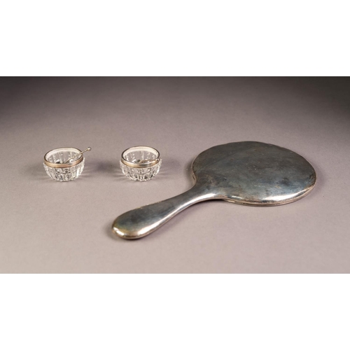 203 - PLAIN SILVER CLAD DRESSING TABLE HAND MIRROR, with circular, bevel edged plate, Birmingham 1909, tog... 