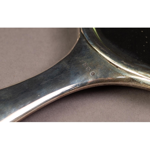 203 - PLAIN SILVER CLAD DRESSING TABLE HAND MIRROR, with circular, bevel edged plate, Birmingham 1909, tog... 