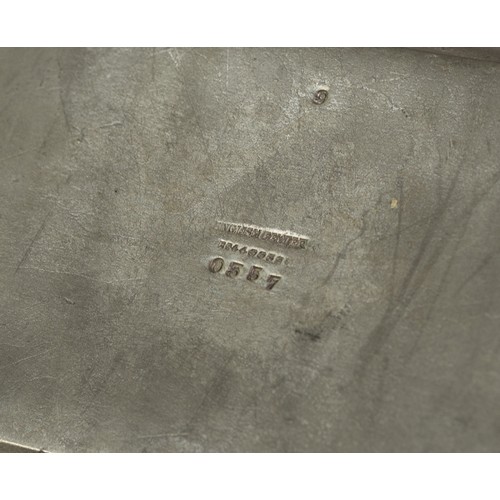 33A - ARCHIBALD KNOX FOR LIBERTY, ENAMELLED PEWTER CAKE BASKET, of rounded oblong form with central strap ... 