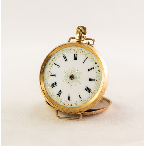14 - LADY'S 18k GOLD POCKET WATCH with keyless movement, white porcelain roman dial with gilt decorated d... 