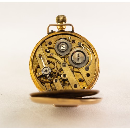 14 - LADY'S 18k GOLD POCKET WATCH with keyless movement, white porcelain roman dial with gilt decorated d... 