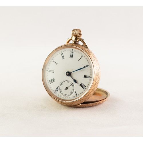 21 - EARLY 20th SMALL 14K GOLD CASED OPEN FACE POCKET WATCH, foliate scroll all-over decoration with vaca... 