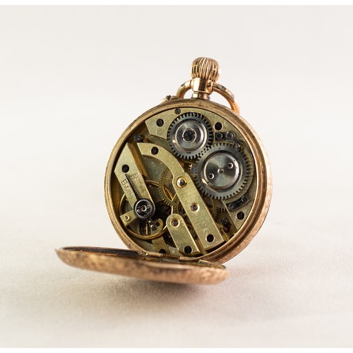 21 - EARLY 20th SMALL 14K GOLD CASED OPEN FACE POCKET WATCH, foliate scroll all-over decoration with vaca... 