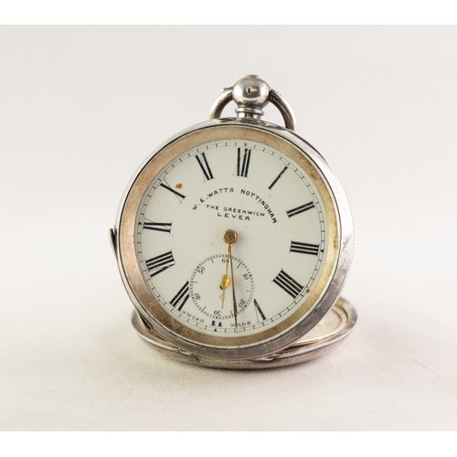 22 - W.E. WATTS, NOTTINGHAM LATE 19th CENTURY 'THE GREENWICH LEVER' 935 MARK SILVER CASED OPEN FACE POCKE... 