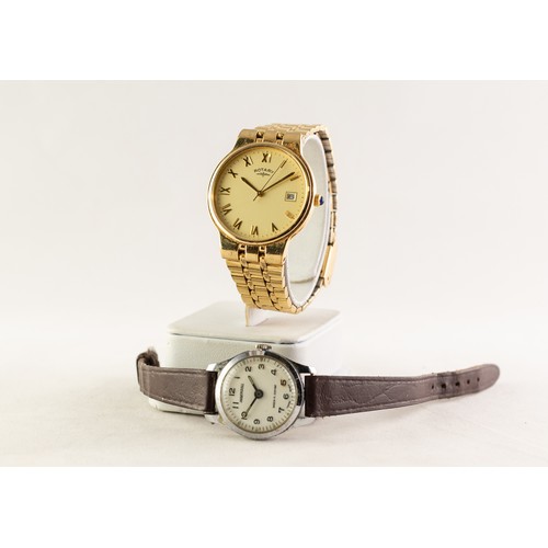 26 - GENT'S QUARTZ WRISTWATCH with circular roman dial, centre seconds hand and date aperture, gold plate... 