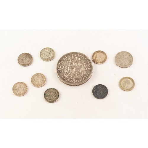 32 - GEORGE VI 1937 SILVER CROWN COIN, (EV), SEVEN GEORGE V SILVER THREE PENNY PIECES, ONE EDWARD VII SIL... 