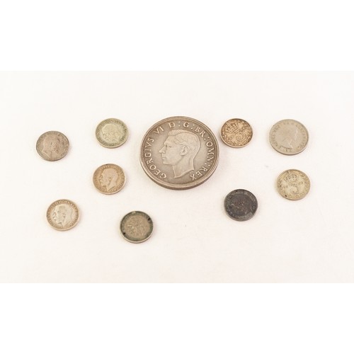 32 - GEORGE VI 1937 SILVER CROWN COIN, (EV), SEVEN GEORGE V SILVER THREE PENNY PIECES, ONE EDWARD VII SIL... 