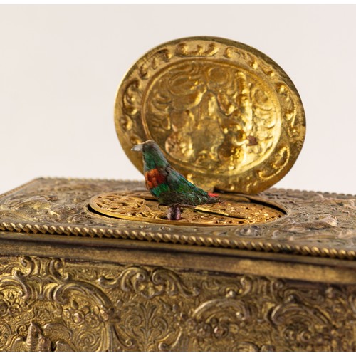 33 - BONTEMS-TYPE SPRING DRIVEN GILT METAL AUTOMATON SINGING BIRD MUSICAL BOX, embossed with foxes and bi... 