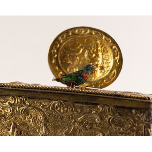 33 - BONTEMS-TYPE SPRING DRIVEN GILT METAL AUTOMATON SINGING BIRD MUSICAL BOX, embossed with foxes and bi... 
