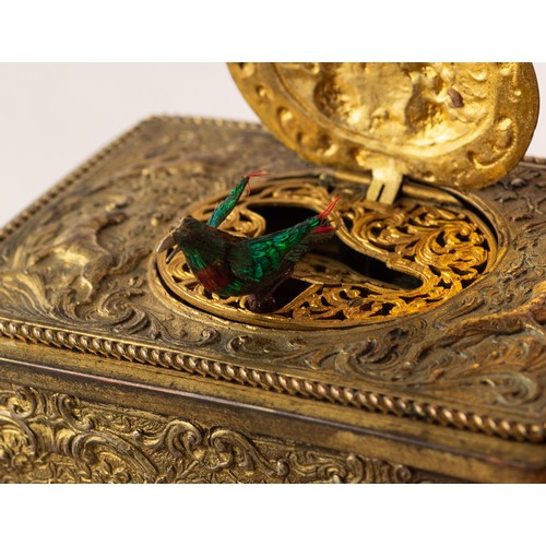 33 - BONTEMS-TYPE SPRING DRIVEN GILT METAL AUTOMATON SINGING BIRD MUSICAL BOX, embossed with foxes and bi... 