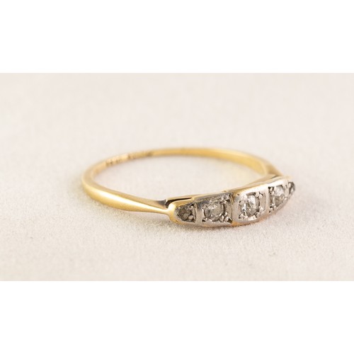 102 - 18ct GOLD RING,  set with five small diamonds graduating from the centre, 1.7gms, ring size 'L'