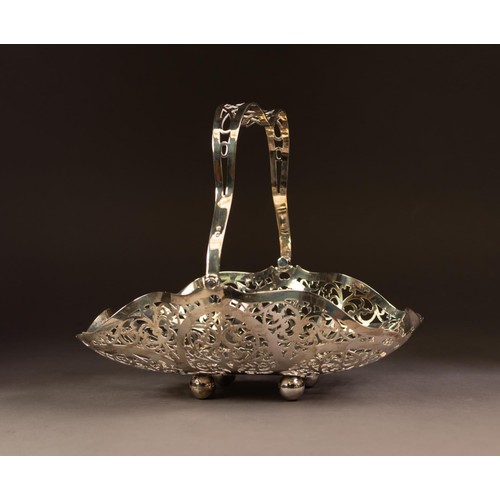 183 - EDWARD VIII PIERCED SILVER SWING HANDLED CAKE BASKET, of shaped oblong form with foliate scroll pier... 