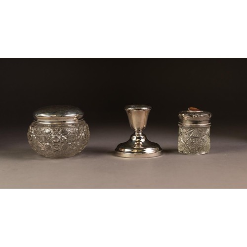 186 - CUT GLASS POWDER BOWL WITH FOLIATE SCROLL CHASED PULL-OFF COVER, marks rubbed, together with a SIMIL... 