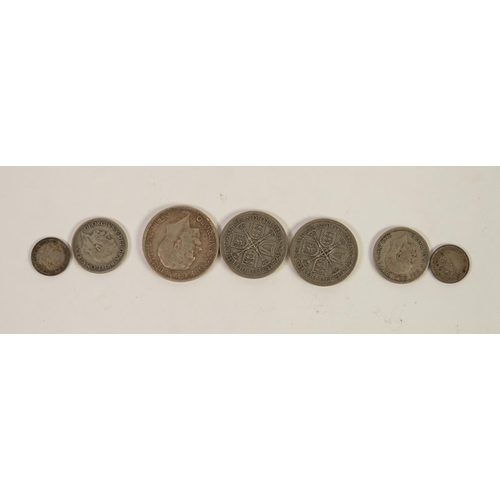 99 - SELECTION OF SEVEN GEORGE V SILVER COINS to include; 1918 half crown (VF), TWO FLORINS, TWO ONE SHIL... 