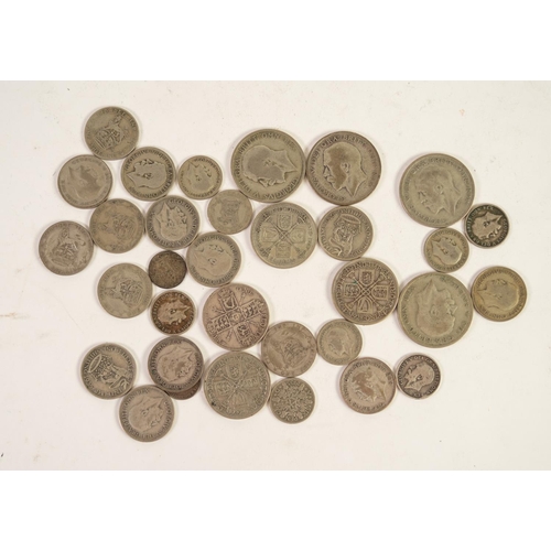100 - FORTY THREE GEORGE V SILVER COINS, ALL SHOWING DEGREES OF WEAR, viz four HALF CROWNS, 1920, 1923, 19... 