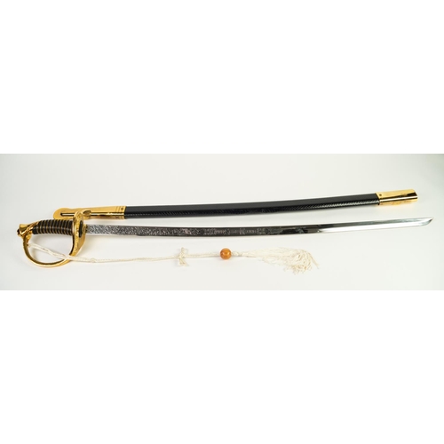 112 - MODERN REPRODUCTION SWORD IN GILT METAL AND SIMULATED LEATHER, the curved clade with United States M... 