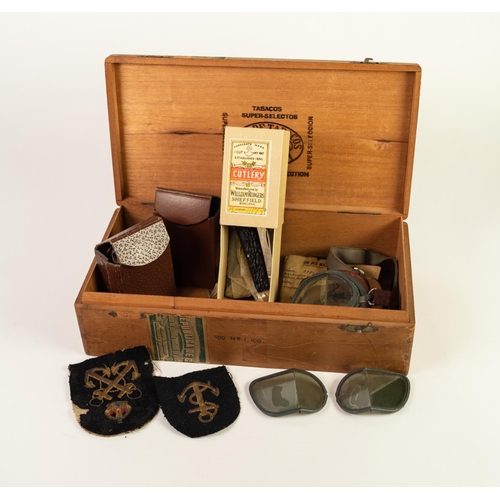 117 - LARGE WOODEN HABANA CIGAR BOX CONTAINING THREE PAIRS OF FLYING GOGGLES and a pair of filters; a Will... 