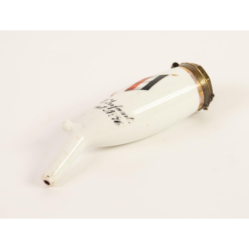 174 - WHITE PORCELAIN TALL TOBACCO PIPE BOWL, with brass mount and octagonal hinged lid, the front painted... 