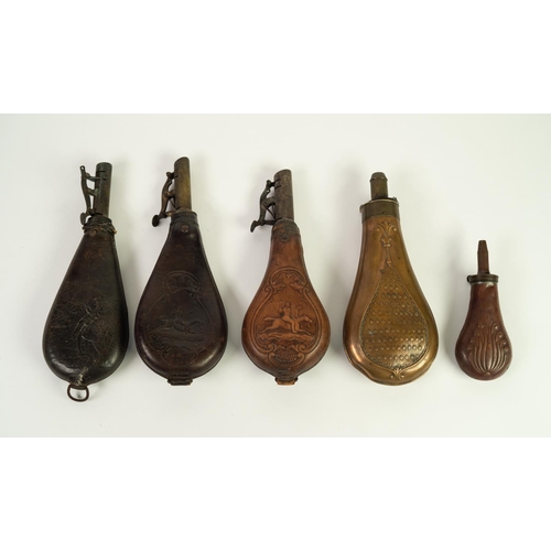 108 - TWO G & J.W. HAWKSLEY, SHEFFIELD LEATHER AND BRASS SHOT FLASKS, embossed to one side with huntin... 