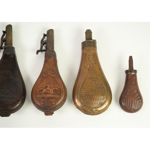 108 - TWO G & J.W. HAWKSLEY, SHEFFIELD LEATHER AND BRASS SHOT FLASKS, embossed to one side with huntin... 