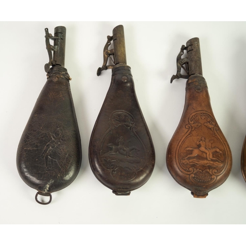 108 - TWO G & J.W. HAWKSLEY, SHEFFIELD LEATHER AND BRASS SHOT FLASKS, embossed to one side with huntin... 