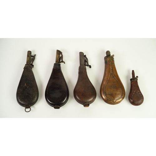 108 - TWO G & J.W. HAWKSLEY, SHEFFIELD LEATHER AND BRASS SHOT FLASKS, embossed to one side with huntin... 