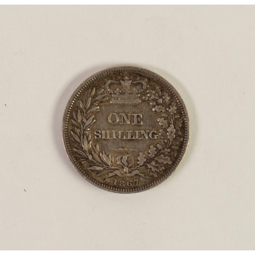 80 - QUEEN VICTORIA 1867 SILVER ONE SHILLING THIRD HEAD with die number above the date '31', the obverse ... 