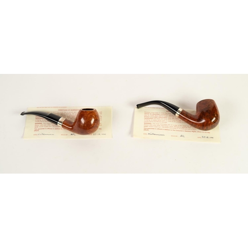 164 - TWO FREDERICK TRANTER ‘MILLENNIUM’ BRIAR SMOKING PIPES WITH STERLING SILVER COLLARS AND SIGNED PAPER... 