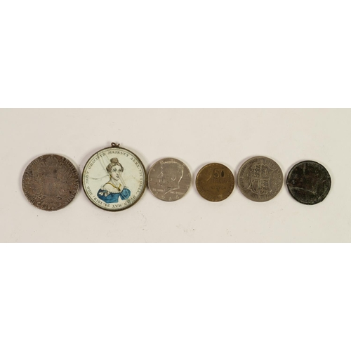 91 - PRINTED AND PAINTED ENAMEL (?) CIRCULAR COMMEMORATIVE MEDALLION OR PENDANT, CORONATION OF QUEEN VICT... 