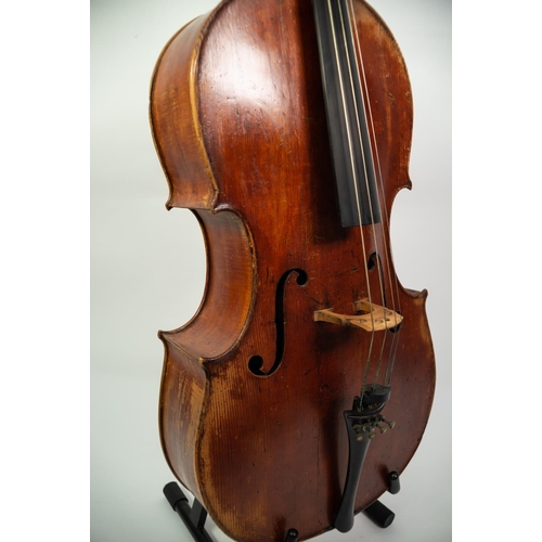 34 - GERMAN CELLO, Mittenwald circa 1860, with 29in (73.7cm) two piece back, in old black leather cloth c... 