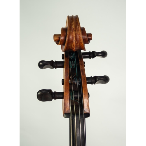 34 - GERMAN CELLO, Mittenwald circa 1860, with 29in (73.7cm) two piece back, in old black leather cloth c... 